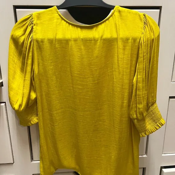 Maison D'Amelie Gold V-Neck Satin Blouse, Ruched Sleeves - Picture 3 of 3